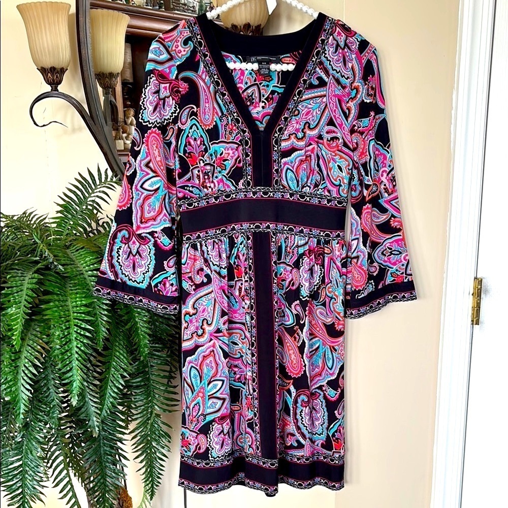 INC International Concepts Tribal Escape Neon Paisley V-Neck Bell Sleeves Dress